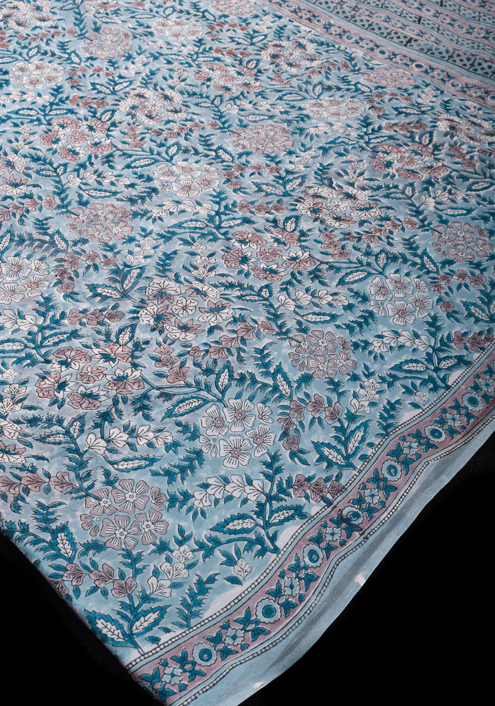 Grayish Blue tone Sanganeri Hand Block Print on Flowy Georgette Saree