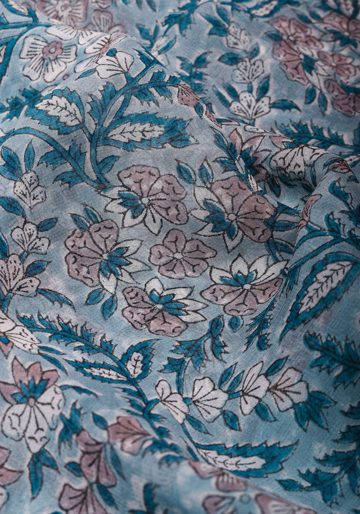 Grayish Blue tone Sanganeri Hand Block Print on Flowy Georgette Saree