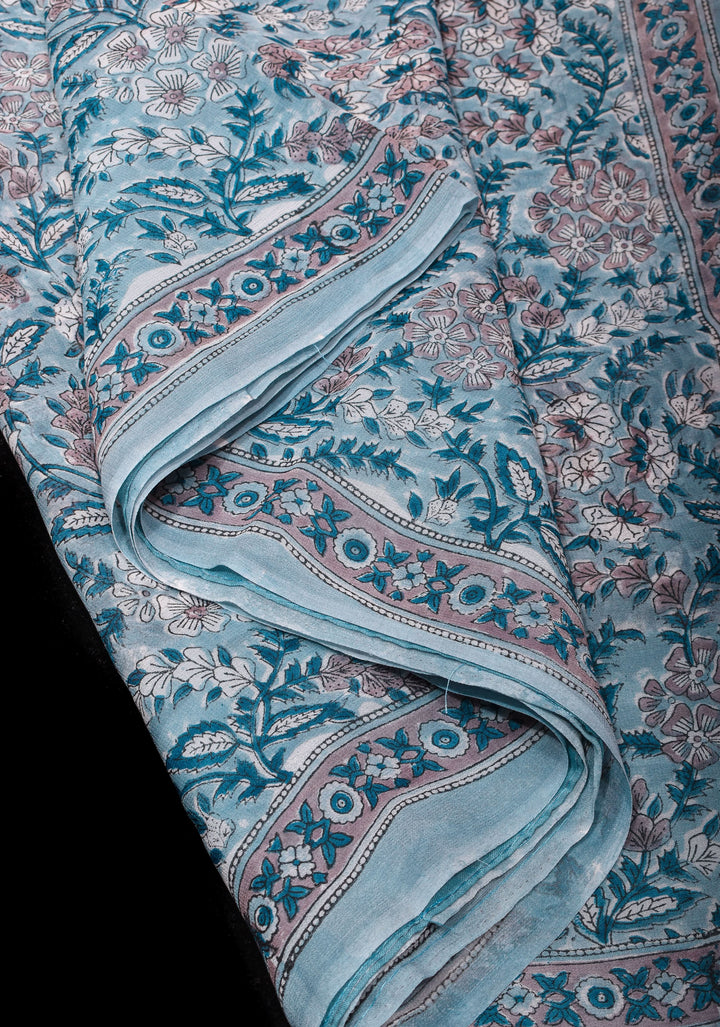 Grayish Blue tone Sanganeri Hand Block Print on Flowy Georgette Saree