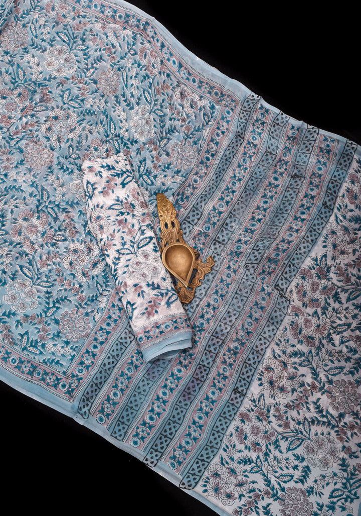 Grayish Blue tone Sanganeri Hand Block Print on Flowy Georgette Saree