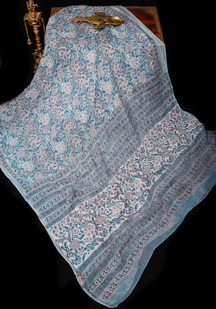 Grayish Blue tone Sanganeri Hand Block Print on Flowy Georgette Saree