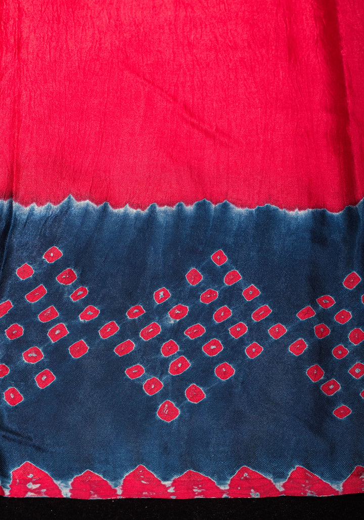 Aegean Blue and Red Hand bandhej design  and mandala motifs on Modal Silk Saree with crushed Pallu