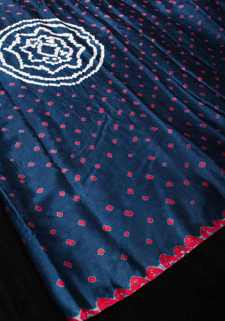 Aegean Blue and Red Hand bandhej design  and mandala motifs on Modal Silk Saree with crushed Pallu