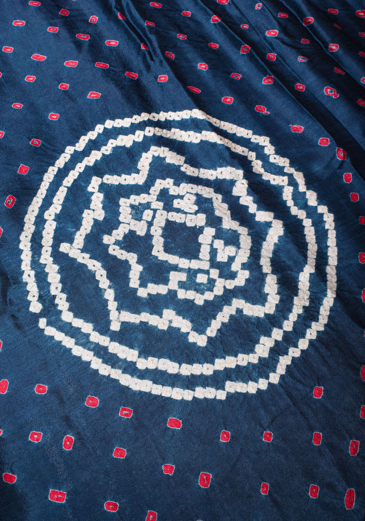 Aegean Blue and Red Hand bandhej design  and mandala motifs on Modal Silk Saree with crushed Pallu