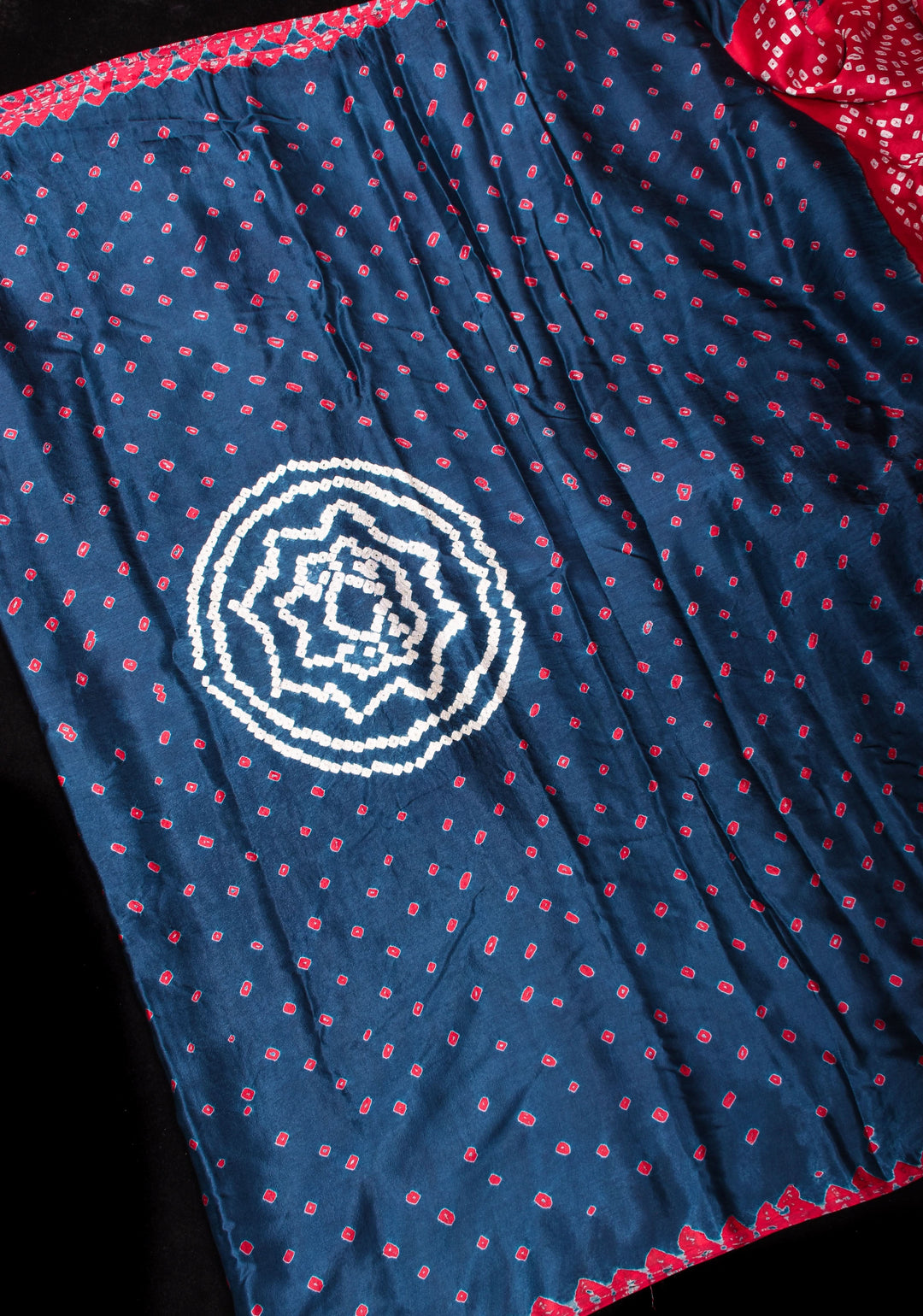 Aegean Blue and Red Hand bandhej design  and mandala motifs on Modal Silk Saree with crushed Pallu