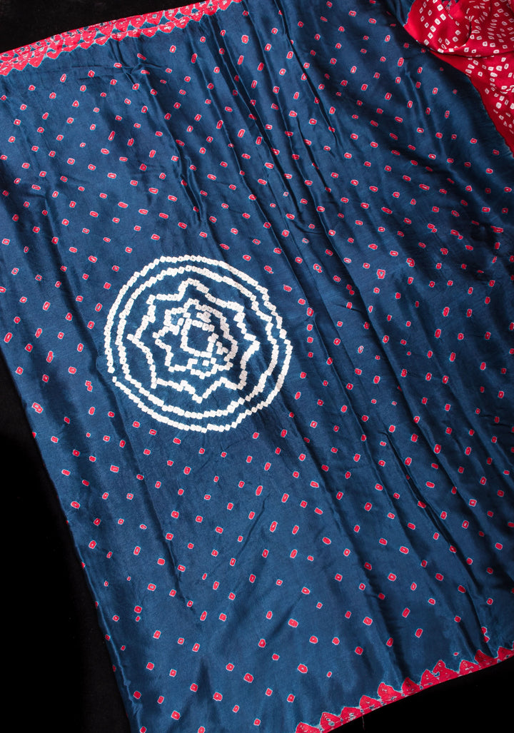 Aegean Blue and Red Hand bandhej design  and mandala motifs on Modal Silk Saree with crushed Pallu