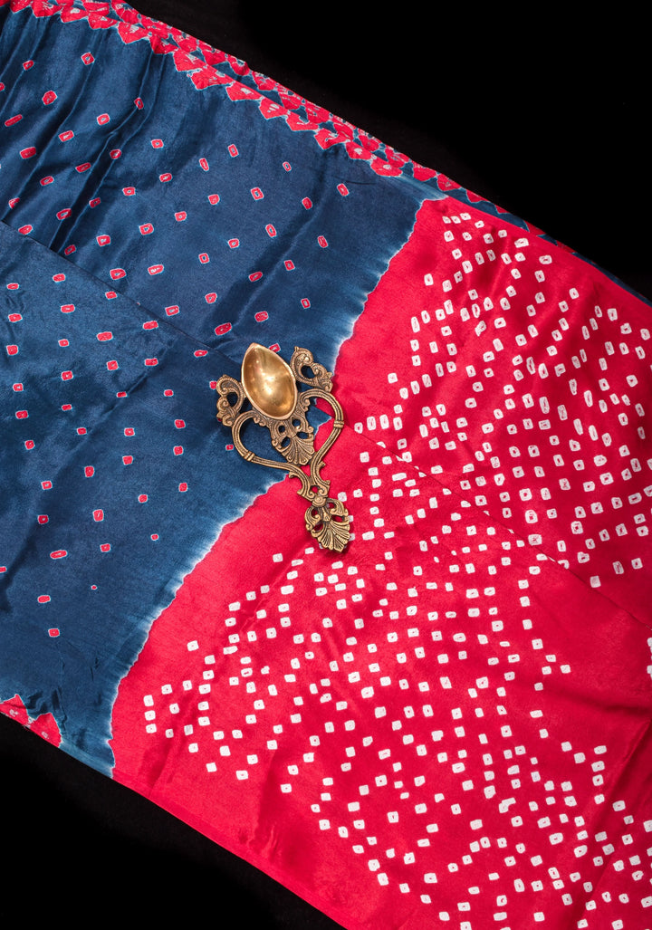 Aegean Blue and Red Hand bandhej design  and mandala motifs on Modal Silk Saree with crushed Pallu