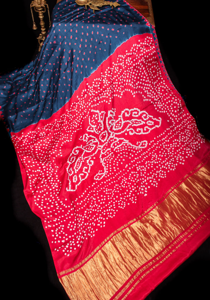 Aegean Blue and Red Hand bandhej design  and mandala motifs on Modal Silk Saree with crushed Pallu
