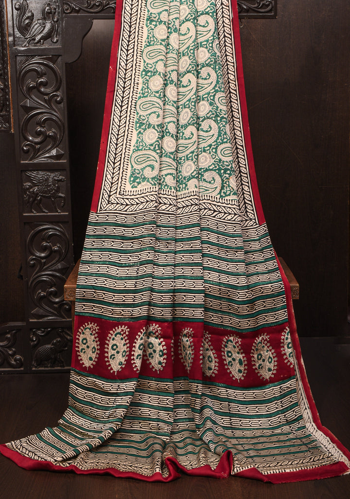 Rama Green Modal Silk Saree with Sanageri Hand Block Print