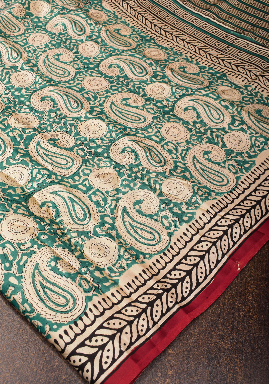 Rama Green Modal Silk Saree with Sanageri Hand Block Print