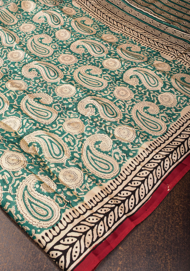 Rama Green Modal Silk Saree with Sanageri Hand Block Print