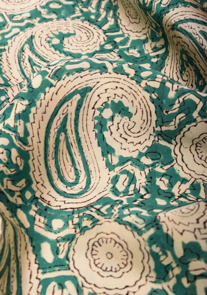 Rama Green Modal Silk Saree with Sanageri Hand Block Print