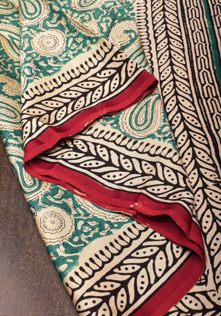 Rama Green Modal Silk Saree with Sanageri Hand Block Print