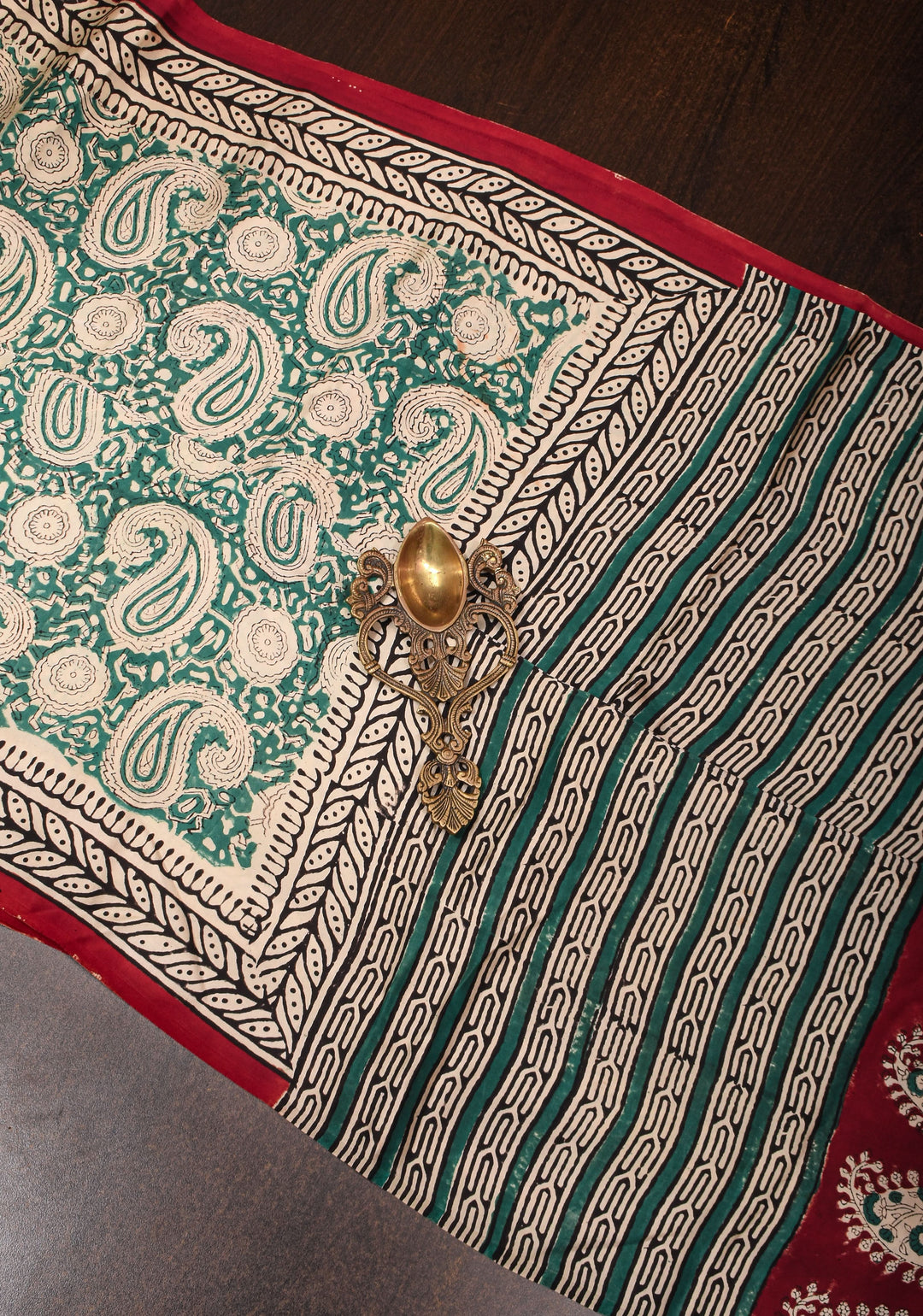 Rama Green Modal Silk Saree with Sanageri Hand Block Print