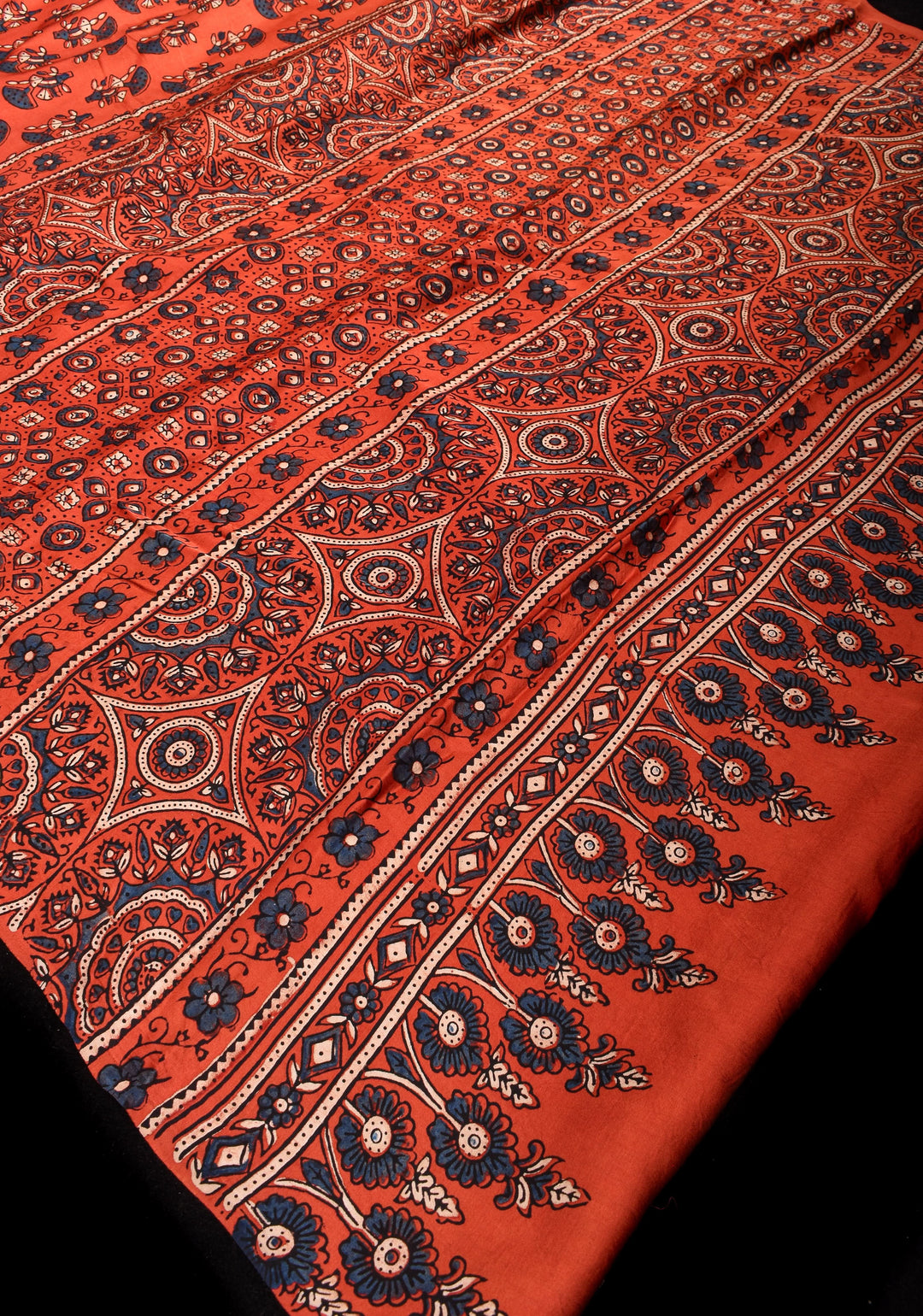 Peachy terracotta Ajrakh Hand Block Print Modal Silk Saree with Floral Pattern