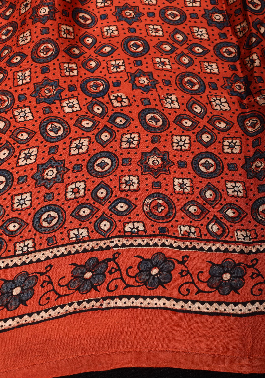 Peachy terracotta Ajrakh Hand Block Print Modal Silk Saree with Floral Pattern