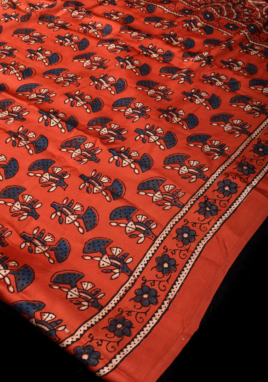 Peachy terracotta Ajrakh Hand Block Print Modal Silk Saree with Floral Pattern