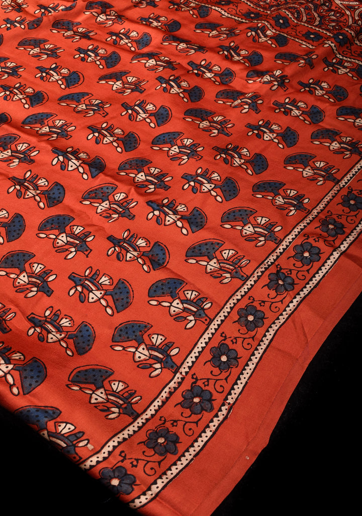 Peachy terracotta Ajrakh Hand Block Print Modal Silk Saree with Floral Pattern