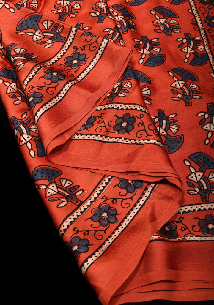 Peachy terracotta Ajrakh Hand Block Print Modal Silk Saree with Floral Pattern