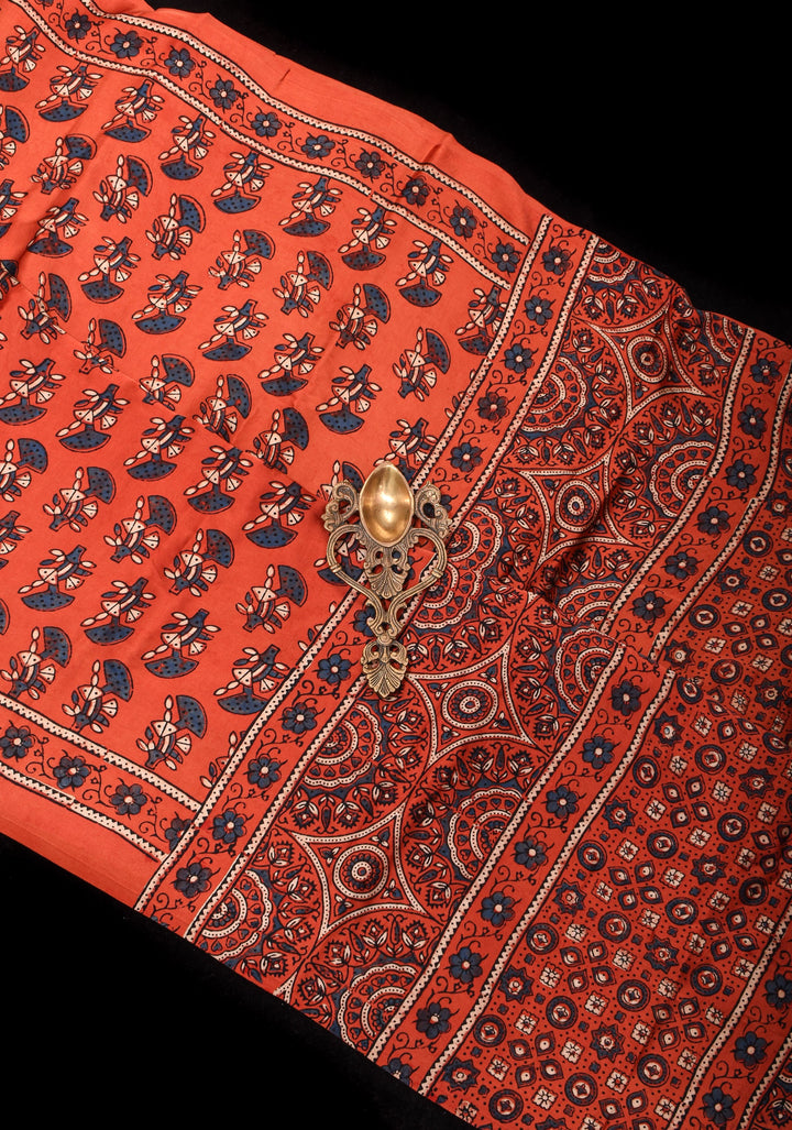 Peachy terracotta Ajrakh Hand Block Print Modal Silk Saree with Floral Pattern