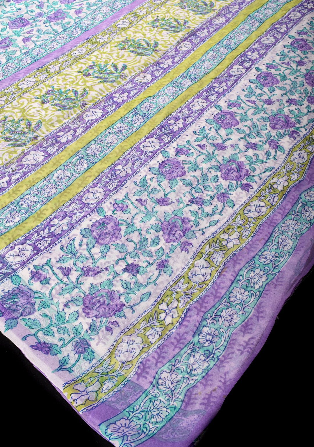 Lavender Florals on White Georgette Saree with Sanganeri Hand Blockprint