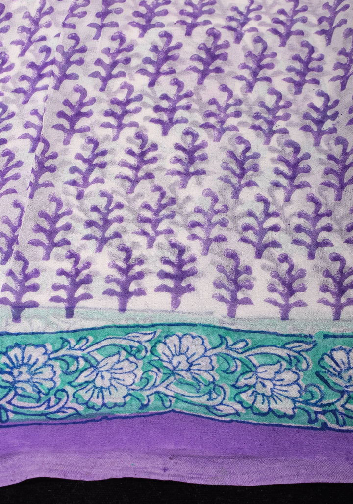 Lavender Florals on White Georgette Saree with Sanganeri Hand Blockprint