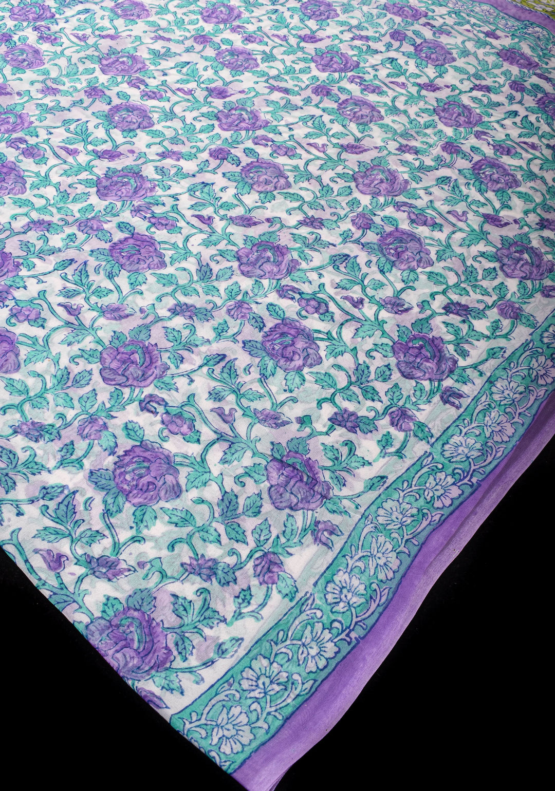 Lavender Florals on White Georgette Saree with Sanganeri Hand Blockprint