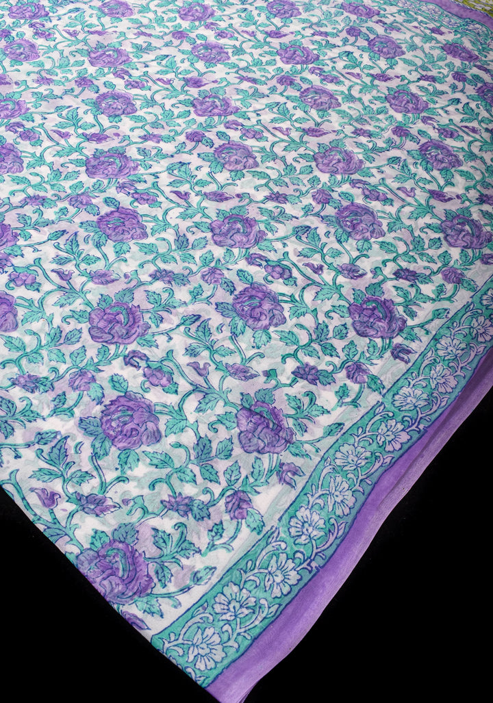Lavender Florals on White Georgette Saree with Sanganeri Hand Blockprint