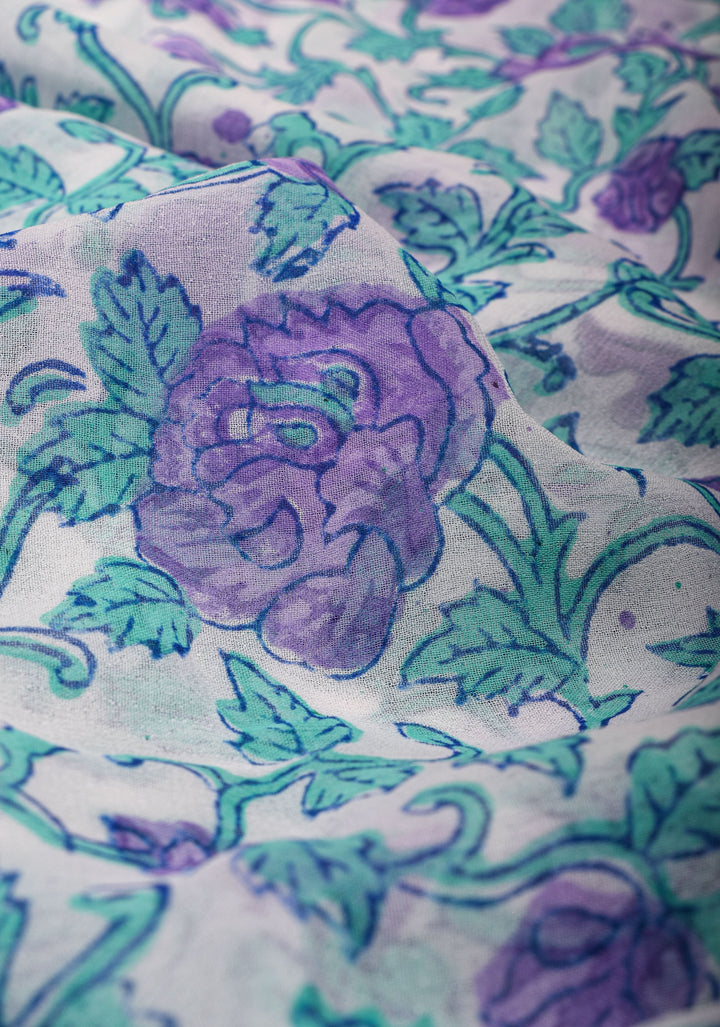 Lavender Florals on White Georgette Saree with Sanganeri Hand Blockprint