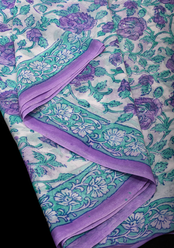 Lavender Florals on White Georgette Saree with Sanganeri Hand Blockprint