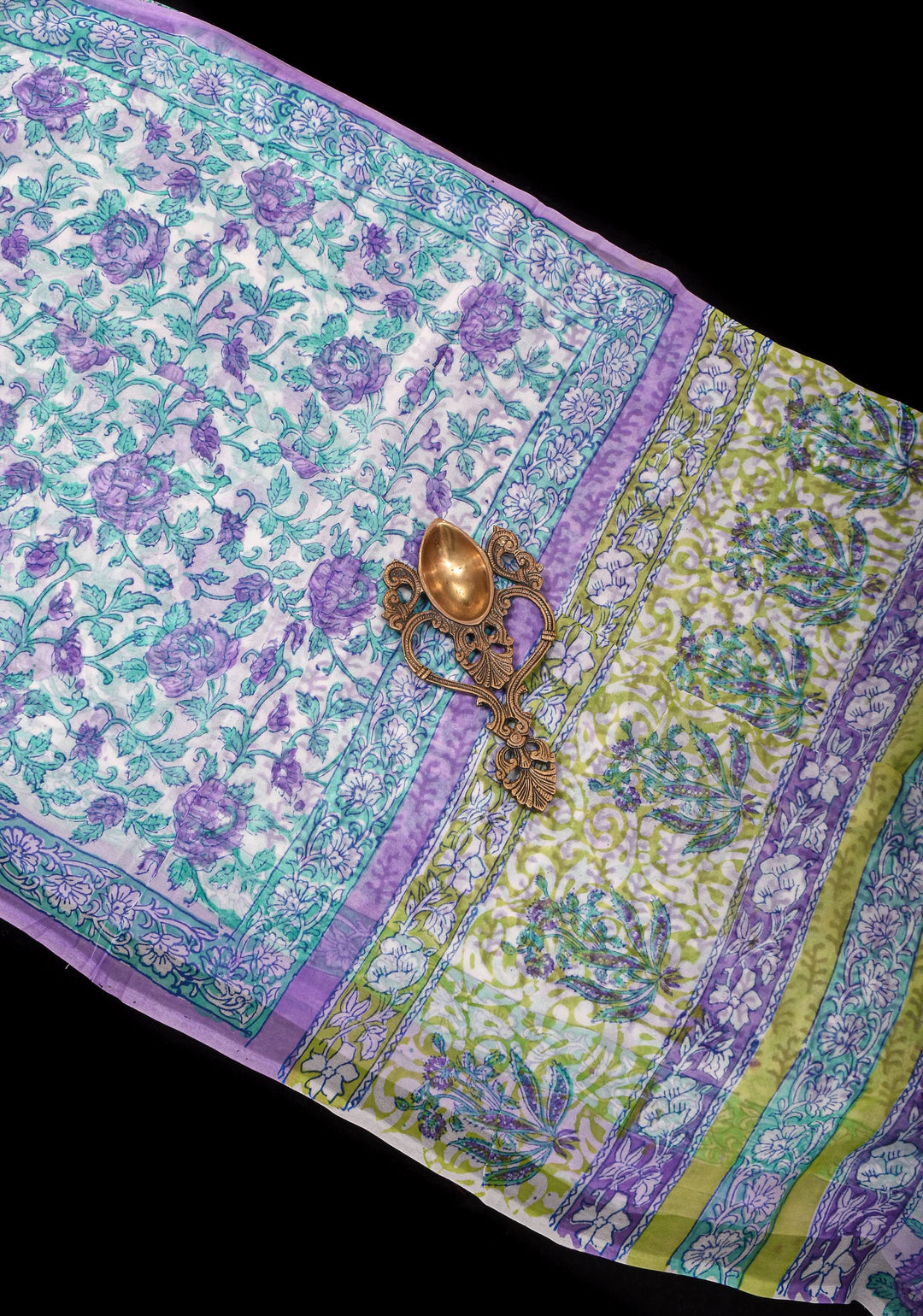 Lavender Florals on White Georgette Saree with Sanganeri Hand Blockprint