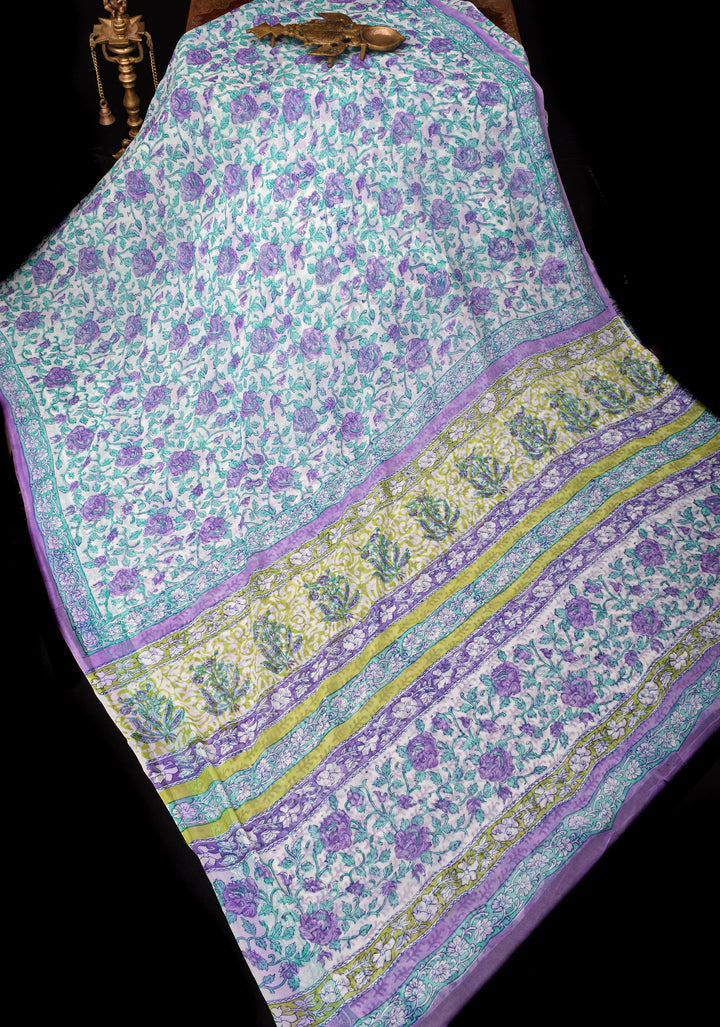 Lavender Florals on White Georgette Saree with Sanganeri Hand Blockprint