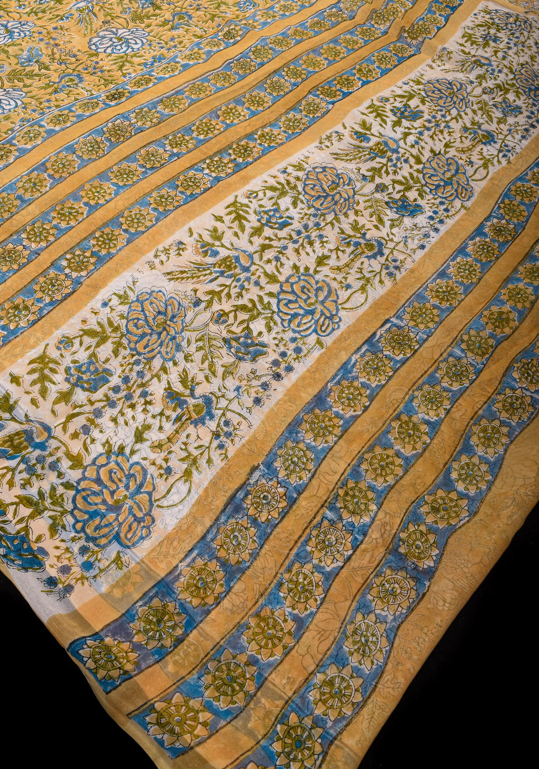 Pale Mustard Georgette Saree with Sanganeri Hand Block Print and long net tassels