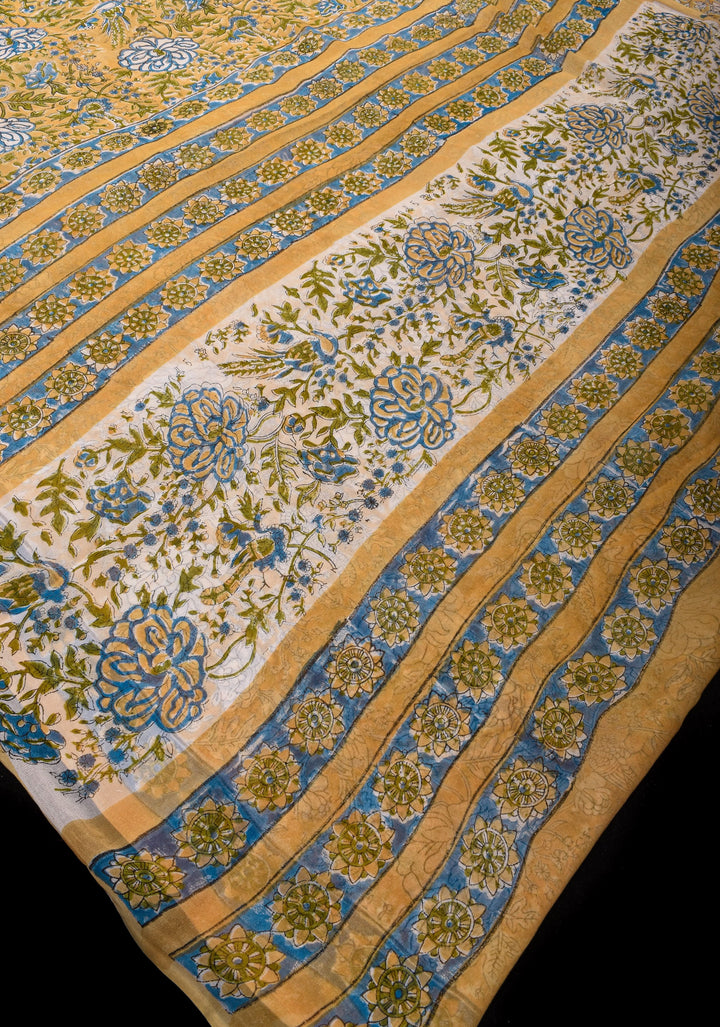 Pale Mustard Georgette Saree with Sanganeri Hand Block Print and long net tassels