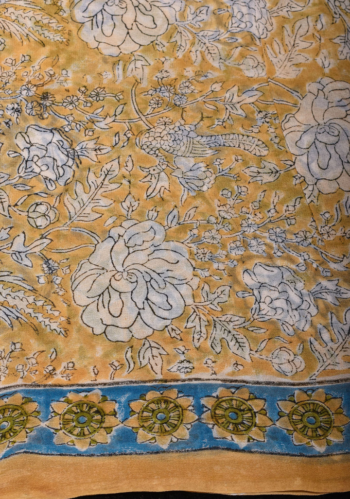 Pale Mustard Georgette Saree with Sanganeri Hand Block Print and long net tassels