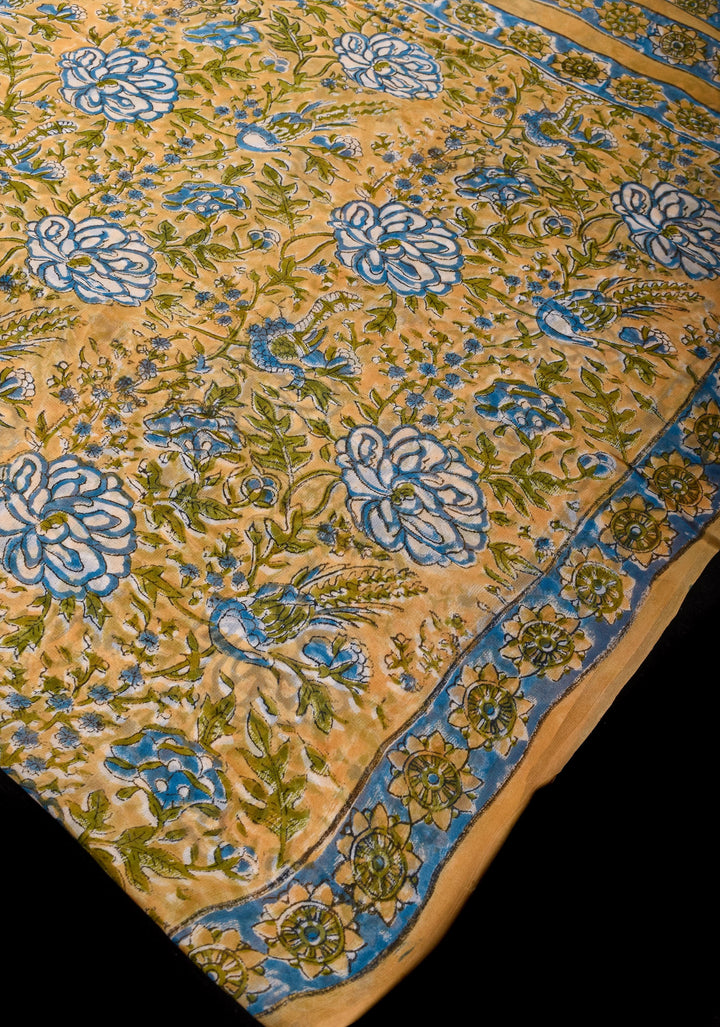 Pale Mustard Georgette Saree with Sanganeri Hand Block Print and long net tassels