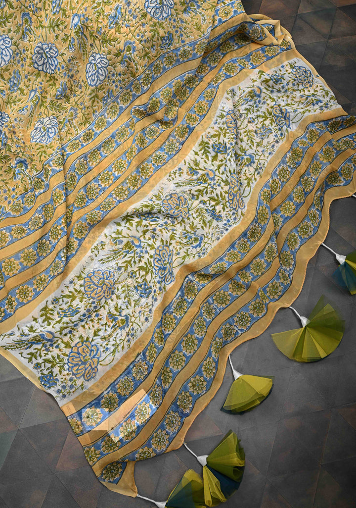 Pale Mustard Georgette Saree with Sanganeri Hand Block Print and long net tassels