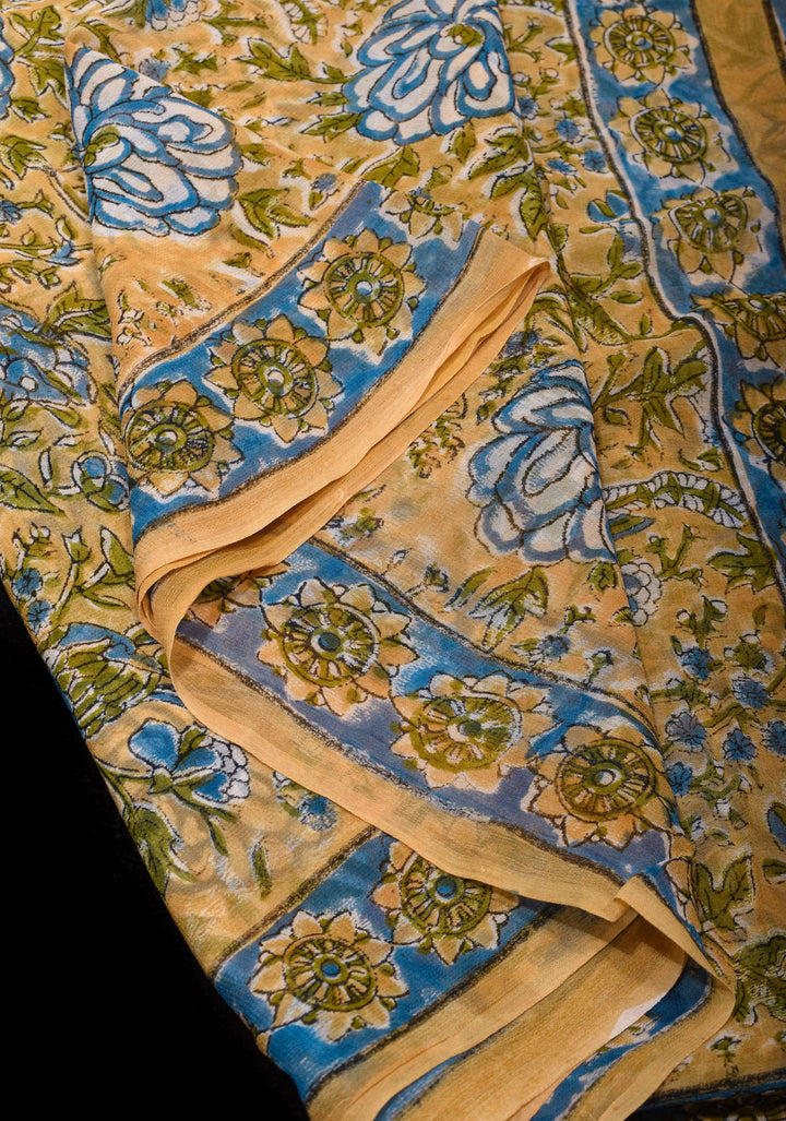 Pale Mustard Georgette Saree with Sanganeri Hand Block Print and long net tassels