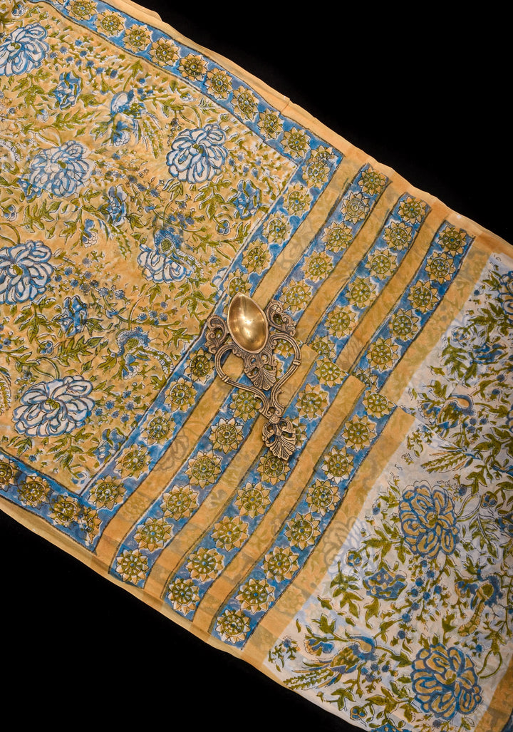 Pale Mustard Georgette Saree with Sanganeri Hand Block Print and long net tassels