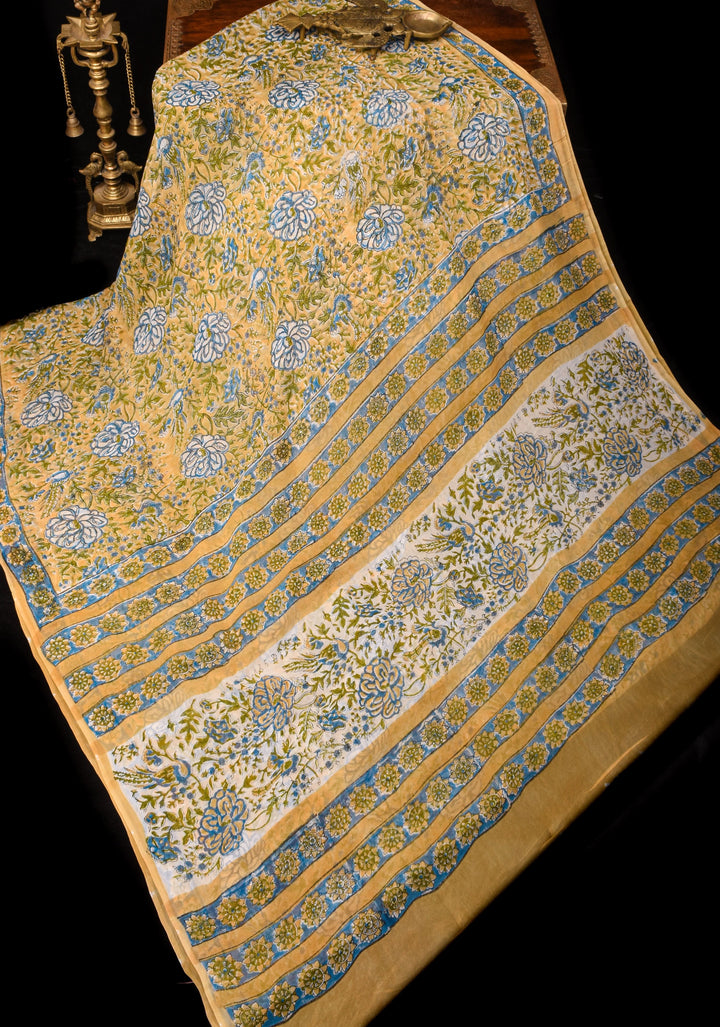 Pale Mustard Georgette Saree with Sanganeri Hand Block Print and long net tassels