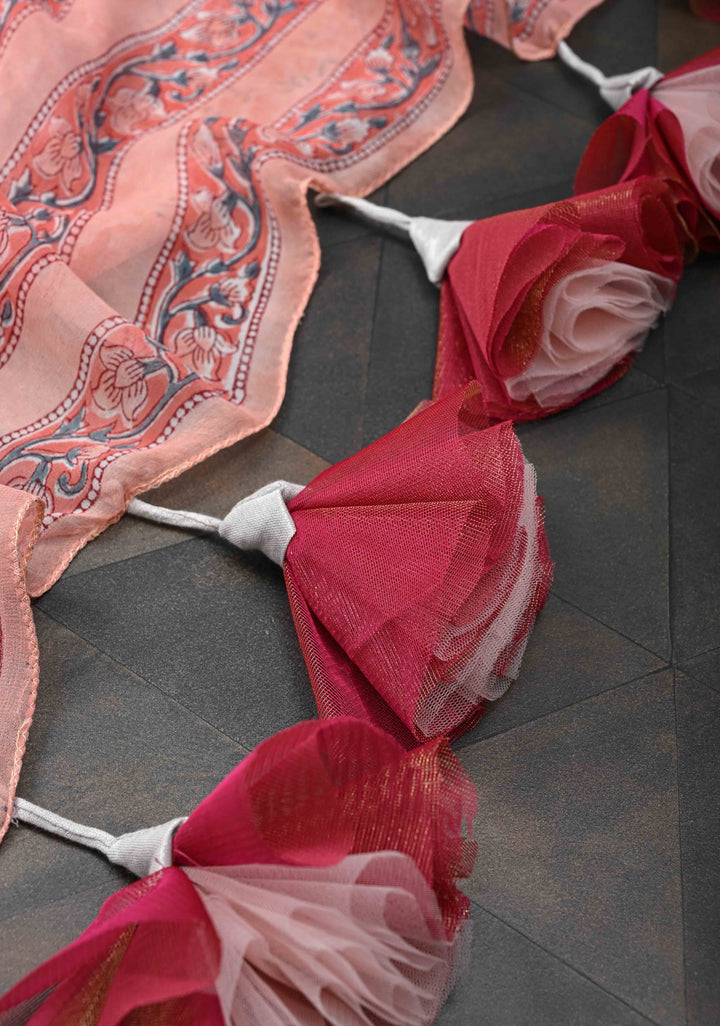 Peach Pink Georgette Saree with Sanganeri Hand Block Print with long net tassels