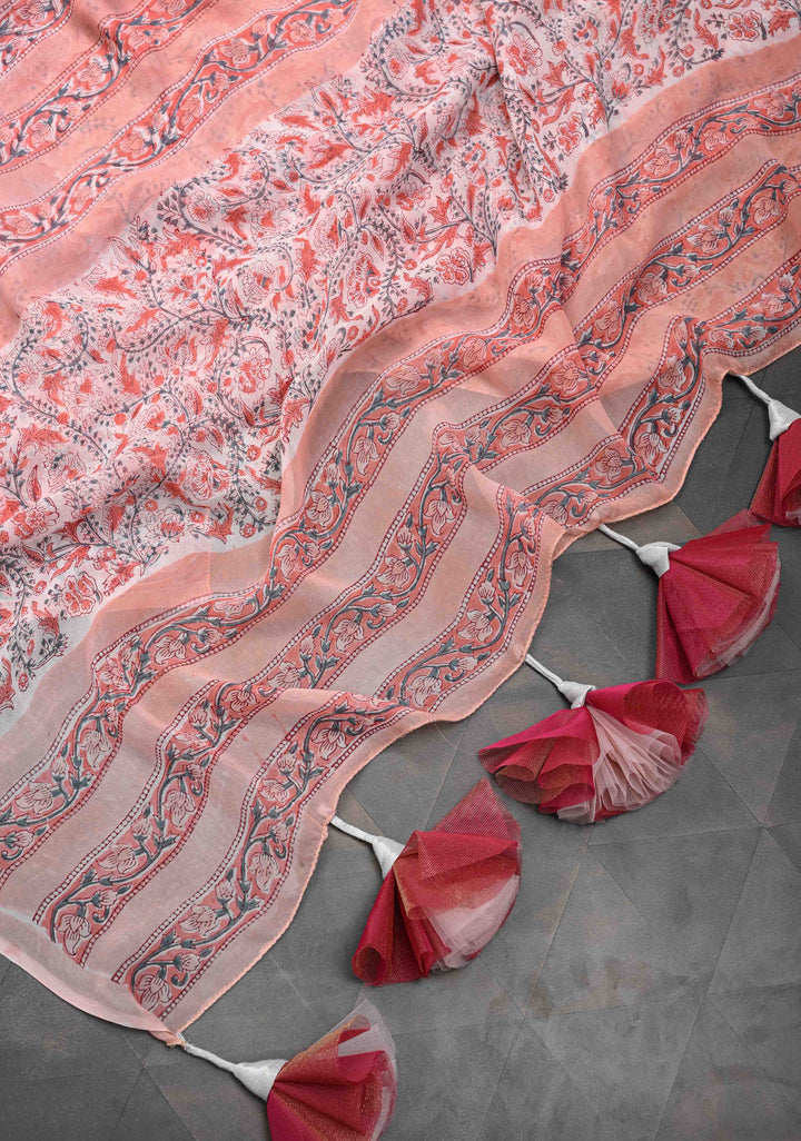 Peach Pink Georgette Saree with Sanganeri Hand Block Print with long net tassels
