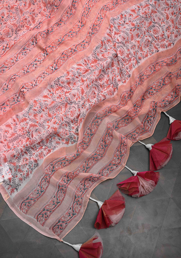 Peach Pink Georgette Saree with Sanganeri Hand Block Print with long net tassels