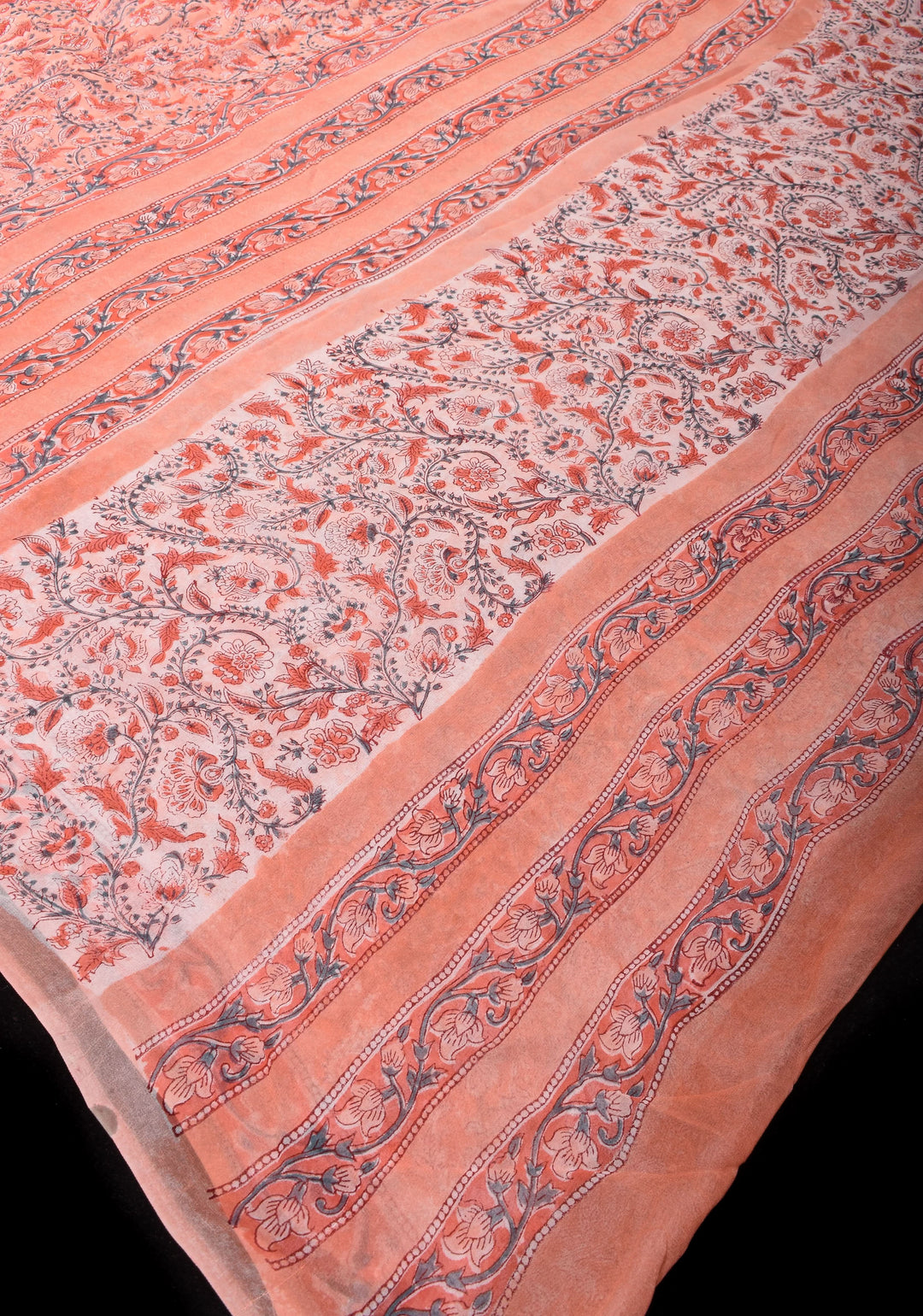 Peach Pink Georgette Saree with Sanganeri Hand Block Print with long net tassels