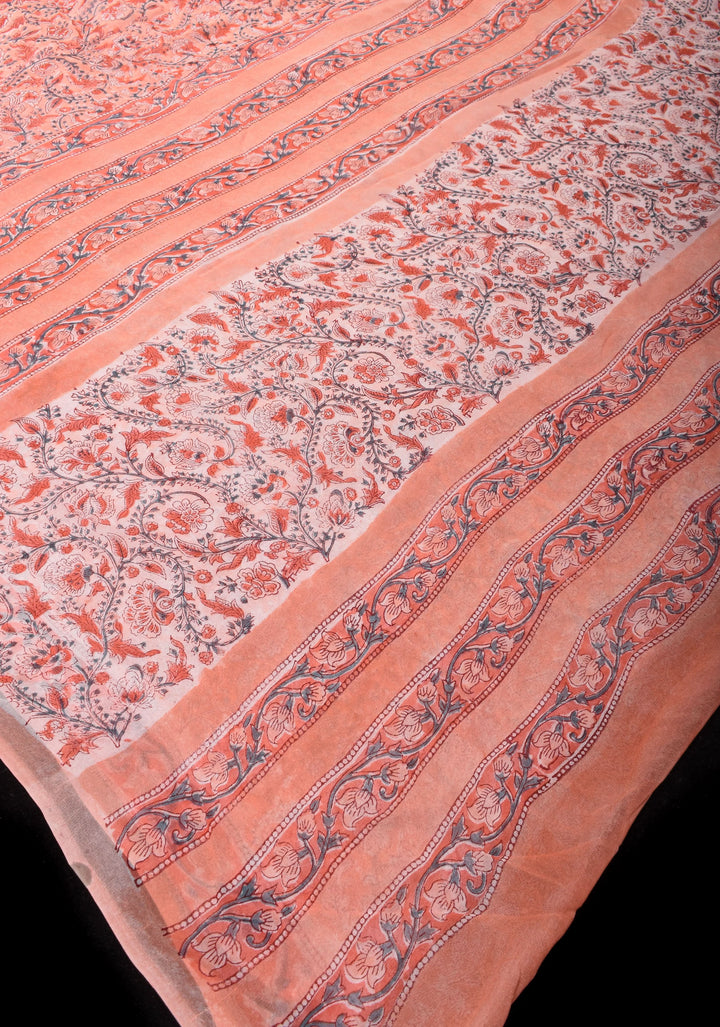 Peach Pink Georgette Saree with Sanganeri Hand Block Print with long net tassels