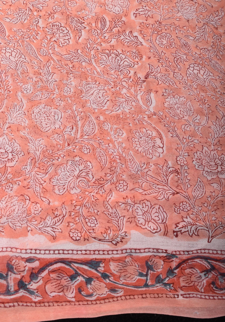 Peach Pink Georgette Saree with Sanganeri Hand Block Print with long net tassels