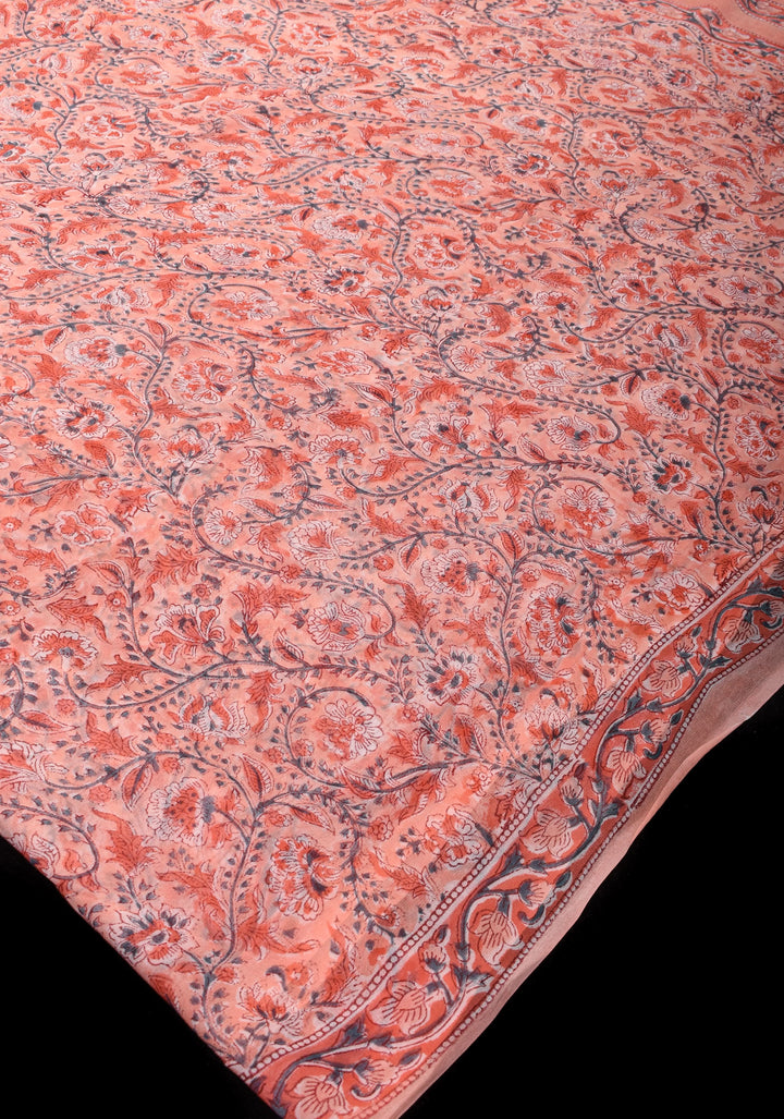 Peach Pink Georgette Saree with Sanganeri Hand Block Print with long net tassels