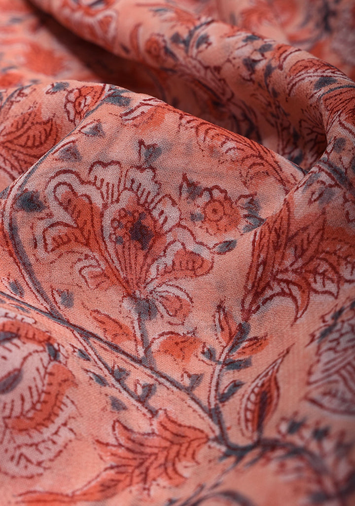 Peach Pink Georgette Saree with Sanganeri Hand Block Print with long net tassels