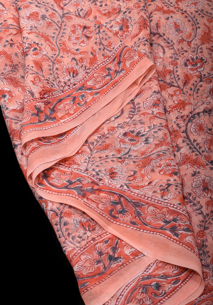 Peach Pink Georgette Saree with Sanganeri Hand Block Print with long net tassels