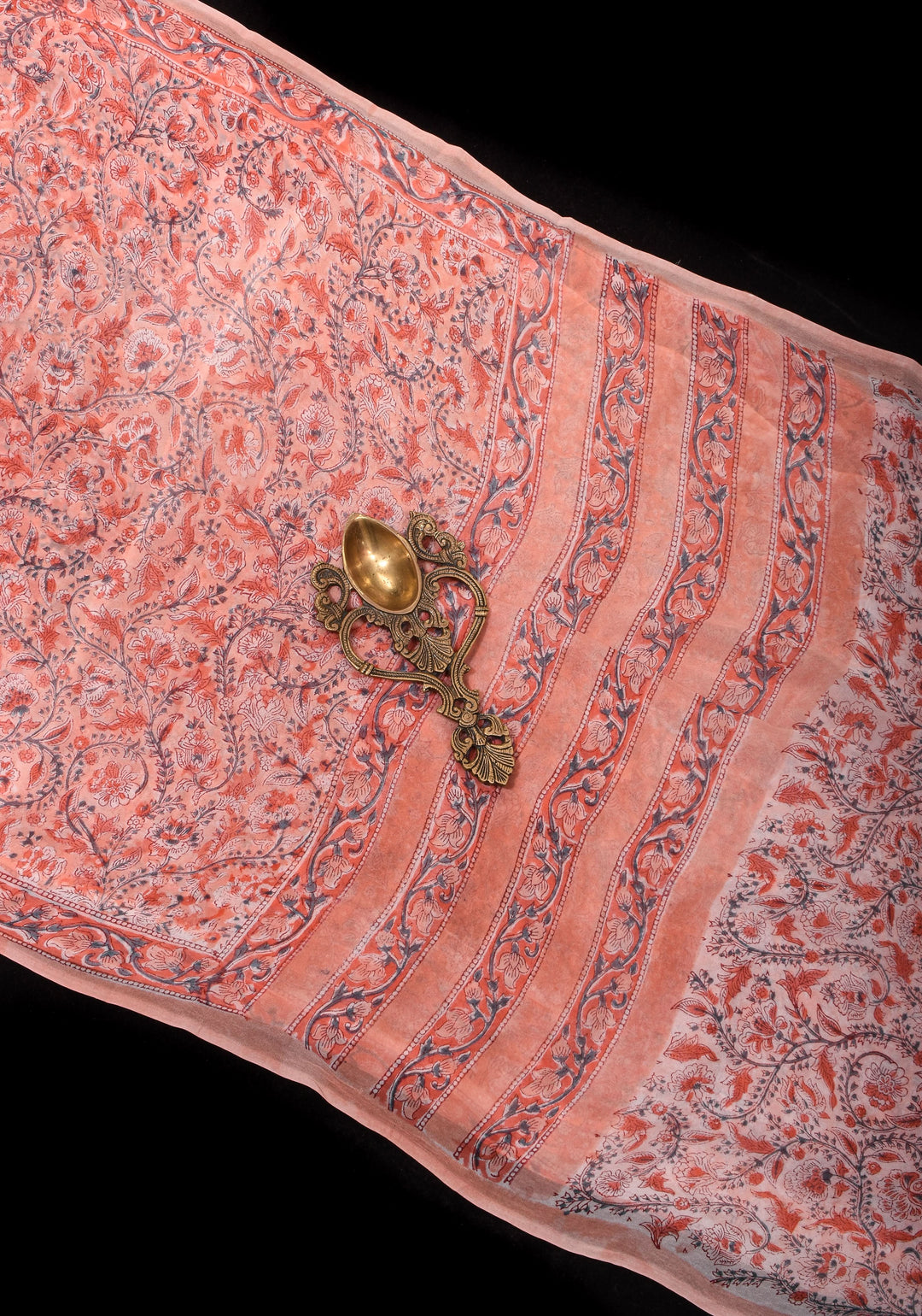Peach Pink Georgette Saree with Sanganeri Hand Block Print with long net tassels